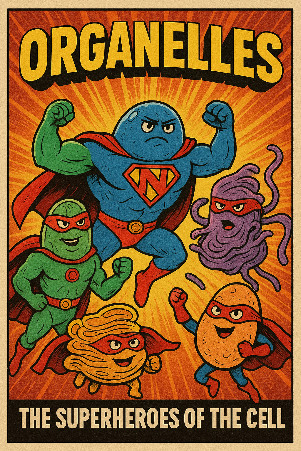 AI-generated poster of superhero organelles